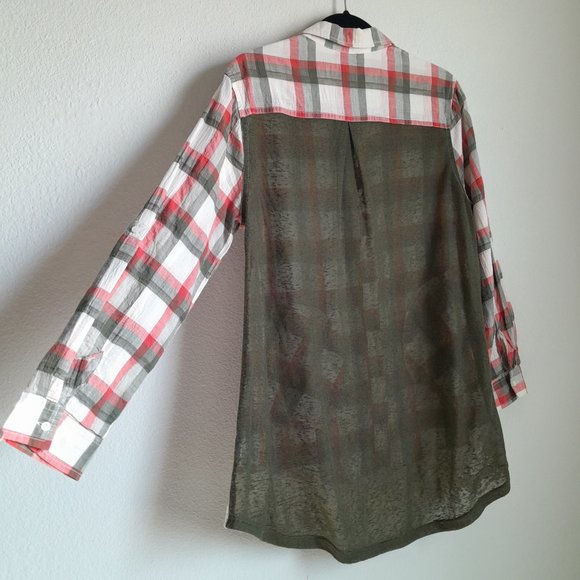 Umgee Mixed Media Plaid Button Up Convertible Sleeve Tunic Lace Trim Size S - Picture 10 of 13